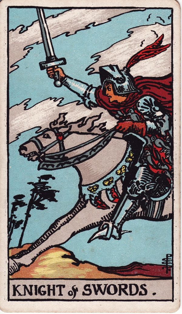 Cavaleiro de Espadas, ilustração de Pamela Colman Smith