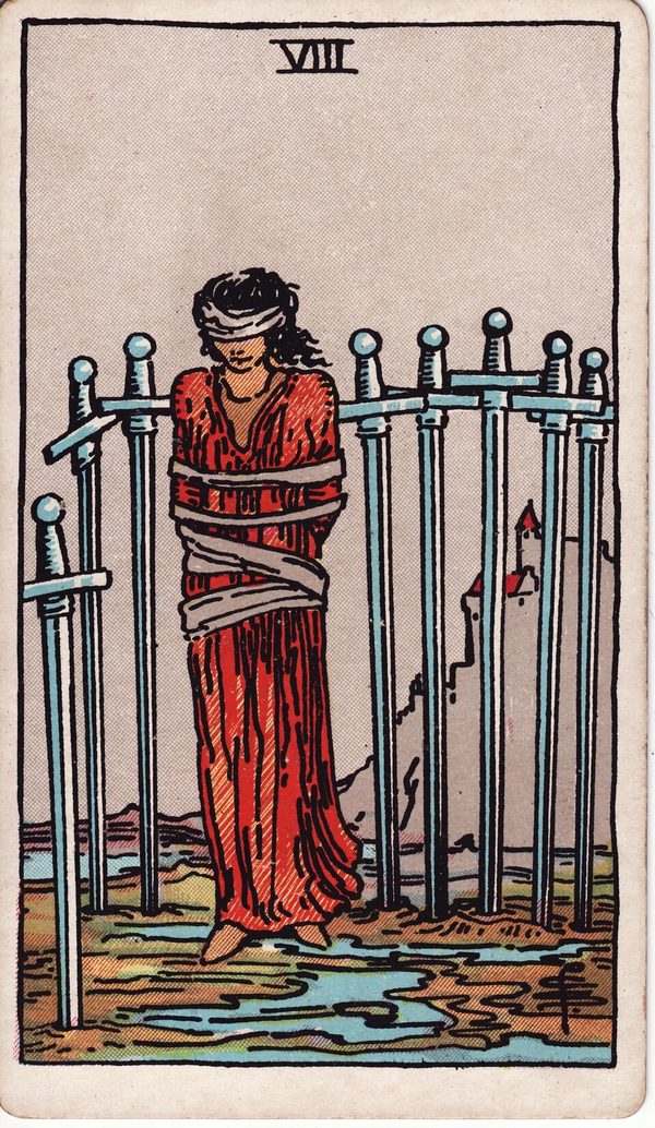 Oito de Espadas, ilustração de Pamela Colman Smith