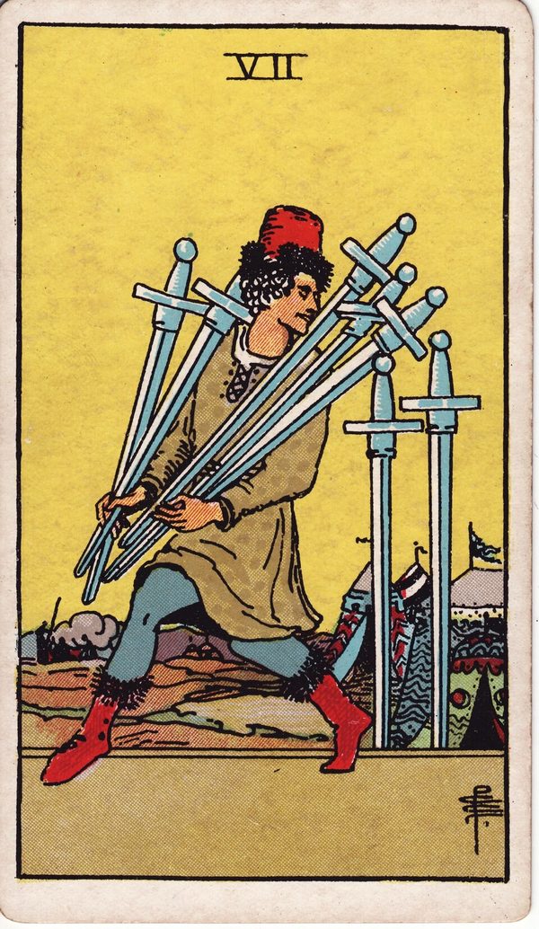Sete de Espadas, ilustração de Pamela Colman Smith