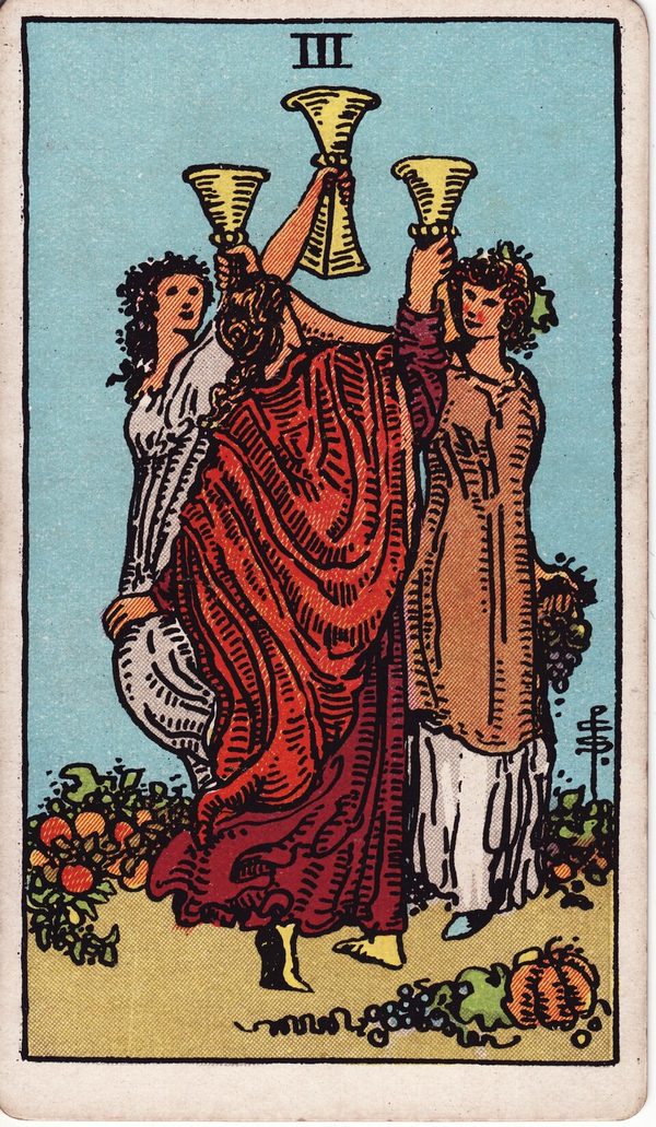 Três de Copas, ilustração de Pamela Colman Smith