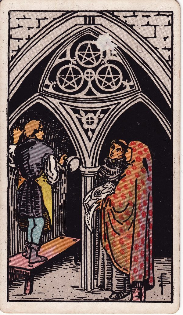 Três de Ouros, ilustração de Pamela Colman Smith